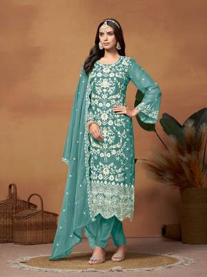 Sky blue embroidered soft organza semi stitched salwar suit 1