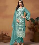 Sky blue embroidered soft organza semi stitched salwar suit