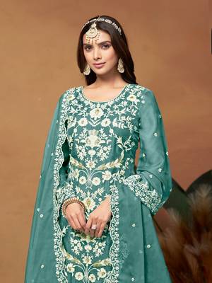 Sky blue embroidered soft organza semi stitched salwar suit 3