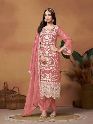 Peach embroidered soft organza salwar suit 1