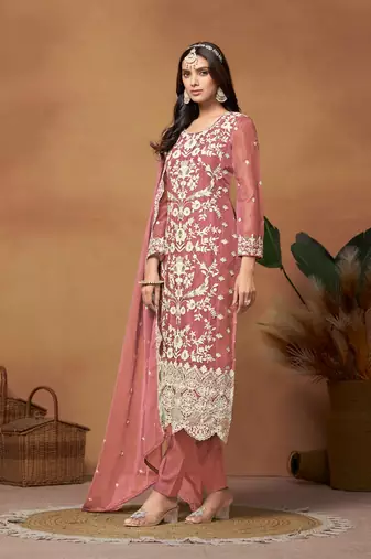 Peach embroidered soft organza salwar suit