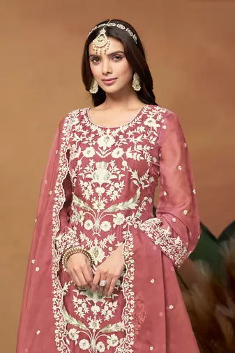 Peach embroidered soft organza salwar suit