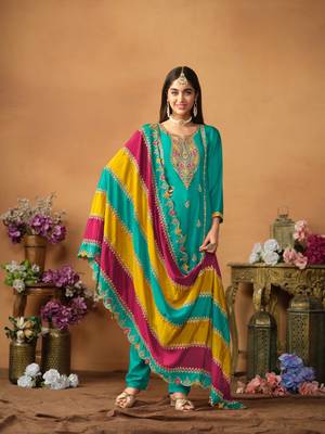 Blue embroidered soft organza semi stitched salwar suit 1