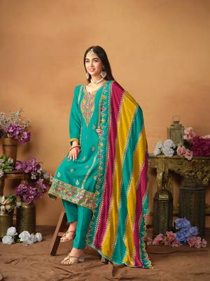 Blue embroidered soft organza semi stitched salwar suit 2