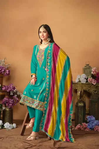 Blue embroidered soft organza semi stitched salwar suit