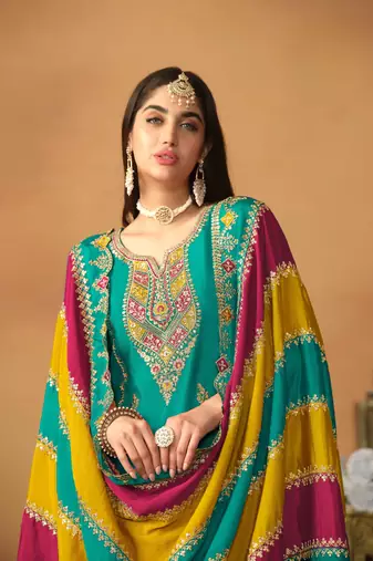 Blue embroidered soft organza semi stitched salwar suit