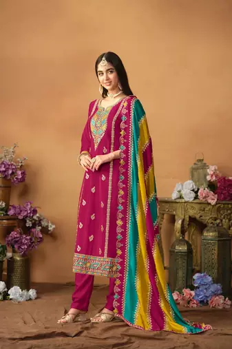 Wine embroidered soft organza semi stitched salwar suit