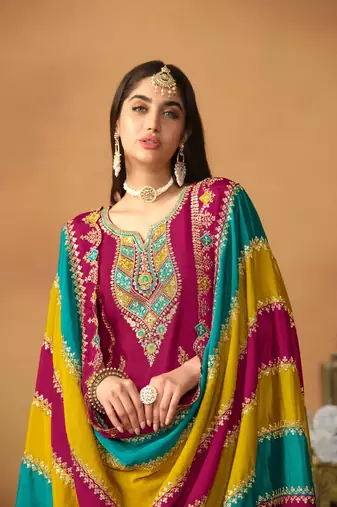Wine embroidered soft organza semi stitched salwar suit