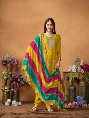 Mustard embroidered soft organza salwar suit 1