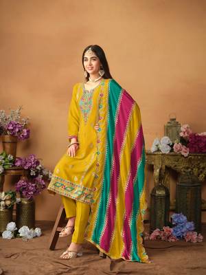 Mustard embroidered soft organza salwar suit 2