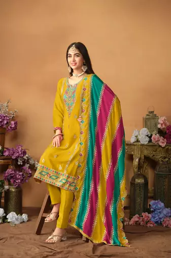 Mustard embroidered soft organza salwar suit