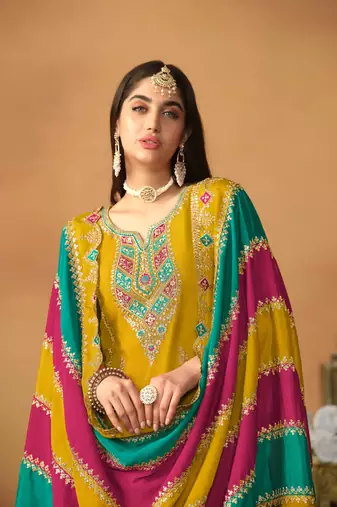 Mustard embroidered soft organza salwar suit
