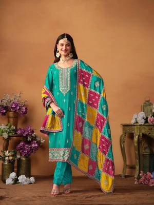 Blue embroidered soft organza salwar suit 1