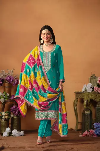 Blue embroidered soft organza salwar suit