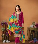 Wine embroidered soft organza semi stitched salwar suit