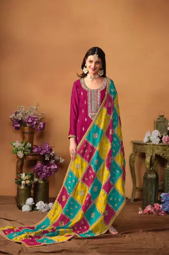 Wine embroidered soft organza salwar suit