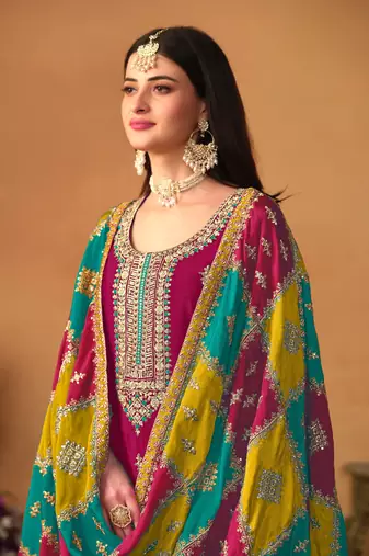 Wine embroidered soft organza salwar suit