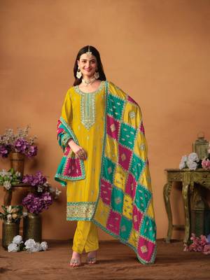 Mustard embroidered soft organza salwar suit 1