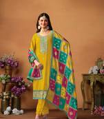 Mustard embroidered soft organza semi stitched salwar suit