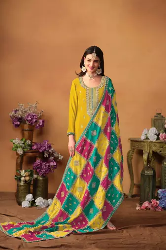 Mustard embroidered soft organza salwar suit