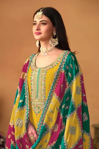 Mustard embroidered soft organza salwar suit