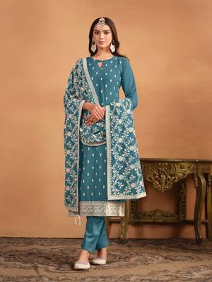 Teal embroidered faux georgette salwar suit 1