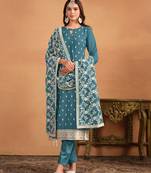 Teal embroidered faux georgette semi stitched salwar suit