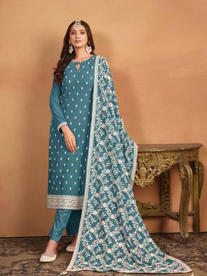 Teal embroidered faux georgette salwar suit 2