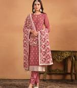 Brown embroidered faux georgette semi stitched salwar suit