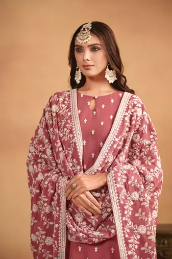 Brown embroidered faux georgette salwar suit