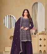Wine embroidered faux georgette semi stitched salwar suit