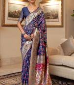 Navy Blue Cotton Blend Beautiful Weaving Border Saree With Blouse