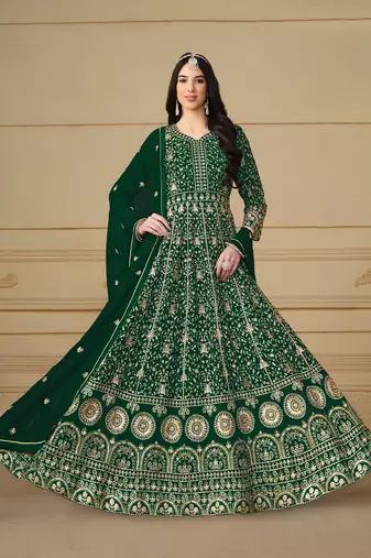 Green embroidered faux georgette anarkali suit