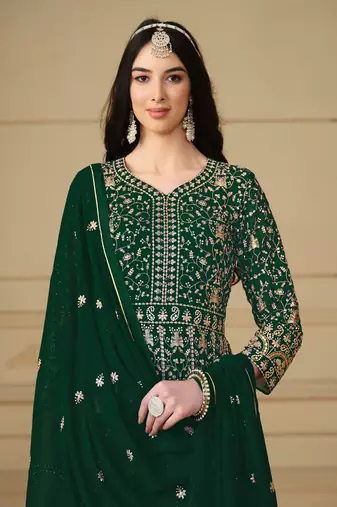Green embroidered faux georgette anarkali suit