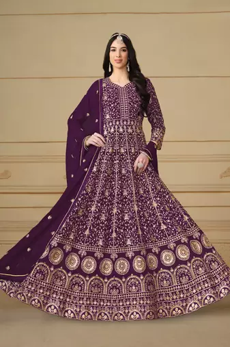 Purple embroidered faux georgette anarkali suit