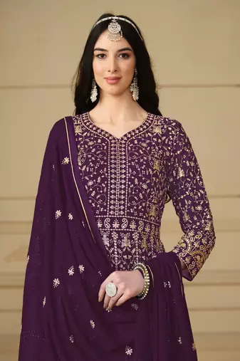 Purple embroidered faux georgette anarkali suit