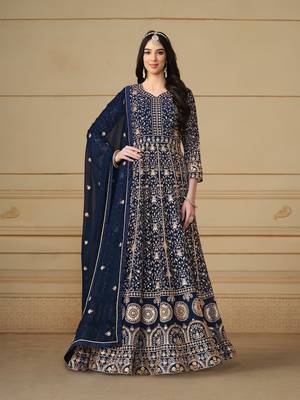 Navy blue embroidered faux georgette anarkali suit 1