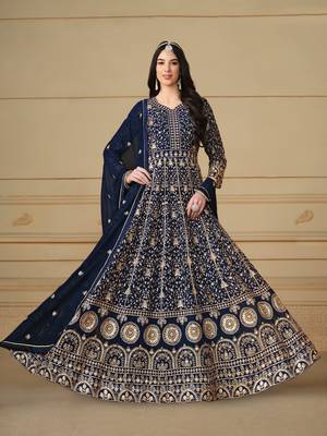 Navy blue embroidered faux georgette anarkali suit 2