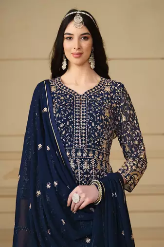 Navy blue embroidered faux georgette anarkali suit