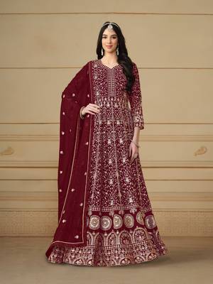 Maroon embroidered faux georgette anarkali suit 1