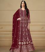 Maroon embroidered faux georgette semi stitched anarkali suit