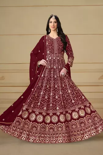 Maroon embroidered faux georgette anarkali suit