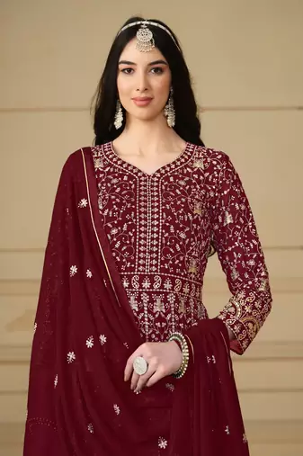 Maroon embroidered faux georgette anarkali suit