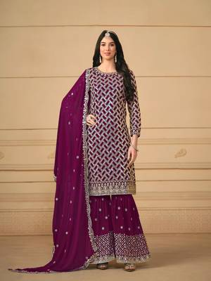 Wine embroidered faux georgette semi stitched salwar suit 1