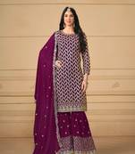 Wine embroidered faux georgette semi stitched salwar suit