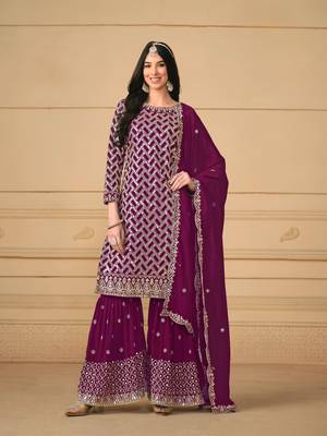 Wine embroidered faux georgette semi stitched salwar suit 2