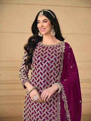 Wine embroidered faux georgette semi stitched salwar suit 3