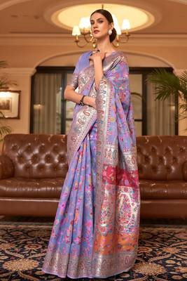 Purple Cotton Blend Beautiful Weaving Border Saree With Blouse 1