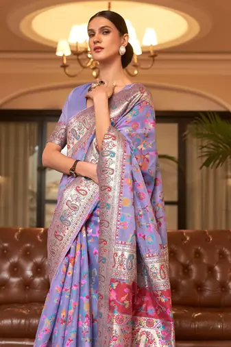Purple Cotton Blend Beautiful Weaving Border Saree With Blouse