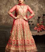 Red Embroidered Net Semi Stitched Anarkali Style Suit Up To 42" Size